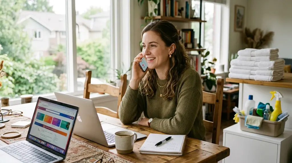 A woman on the phone at a wooden table in a small furnished apartment, a notebook and coffee in front of her