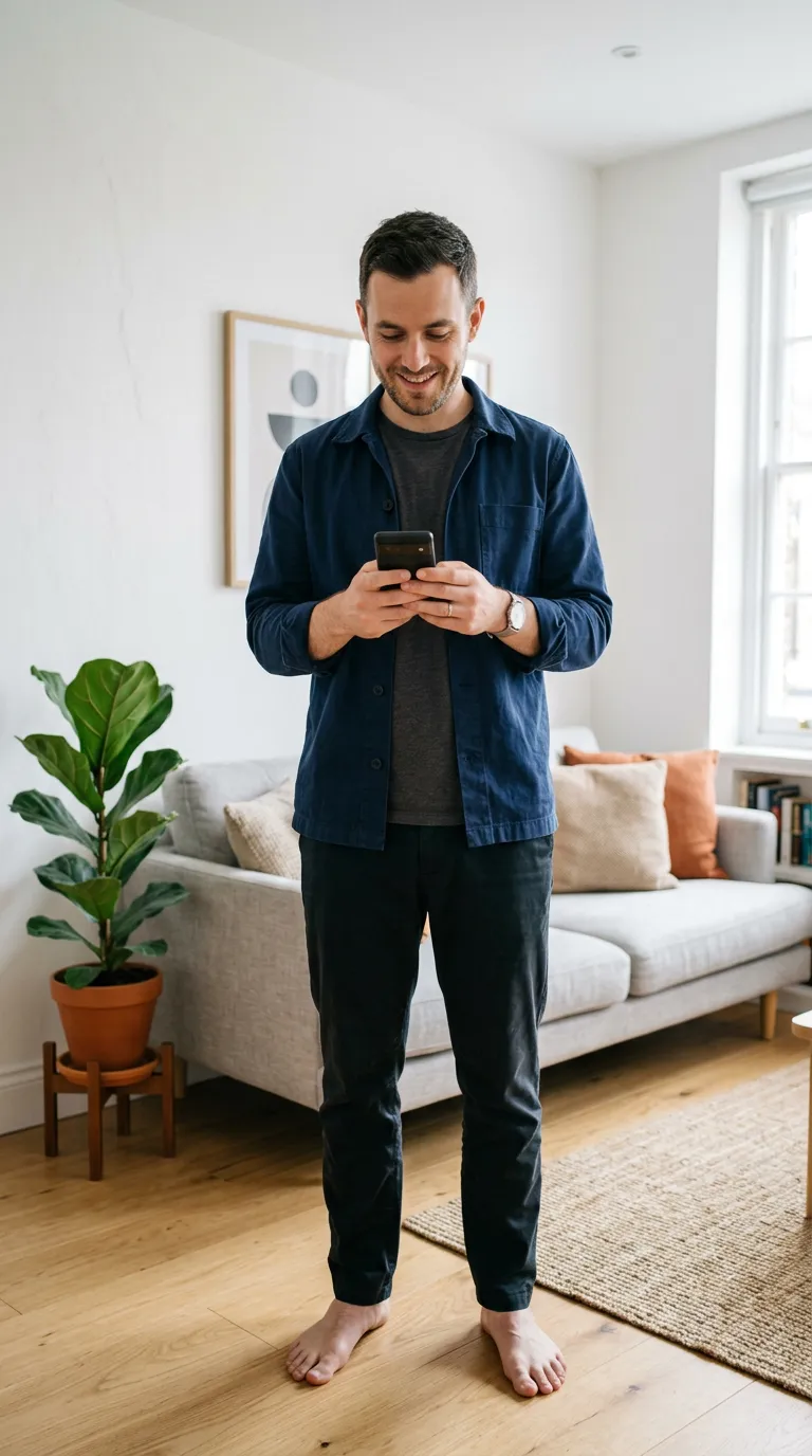 A man in a navy overshirt smiling at his phone in a bright, furnished apartment