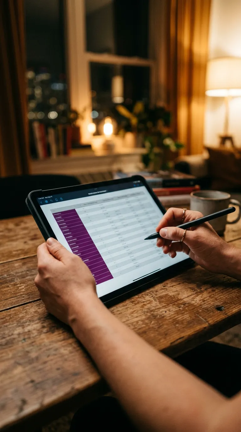 Hands holding a tablet over a wooden table, the screen showing a table of ranked rows